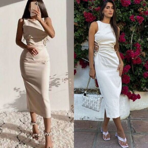 Zara Cut Out Slim Midi Cream Size M NWT Blogger Favorite - Picture 1 of 11